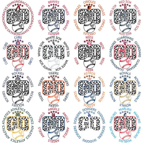 Baseball team designs with 'GO' text, heart baseballs, and team names for DTF/DTG printing