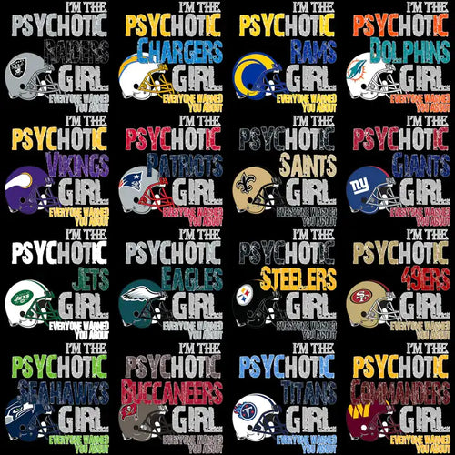 Psychotic NFL Team Girl Designs for DTF/DTG and Embroidery, Print-Ready PNG SVG PES