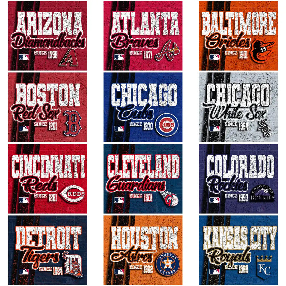MLB team designs for DTF DTG printing, featuring vintage logos & team names like Red Sox, Cubs, Yankees