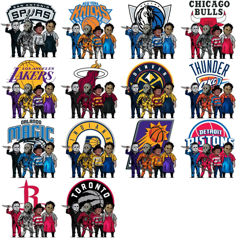 NBA team logos with horror movie characters in team colors, perfect for DTF/DTG designs.