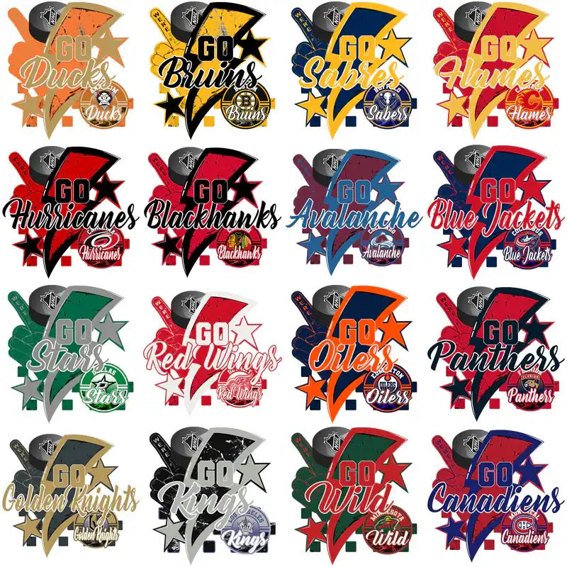 NHL team spirit designs for DTF/DTG, embroidery, and tumbler wraps with vibrant logos and stars