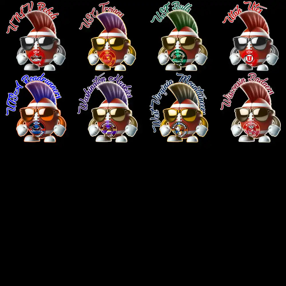 College football team mascots with mohawk hairstyles and sunglasses, representing various universities.