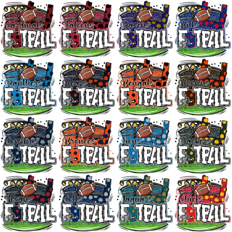 Football team designs for DTF/DTG, embroidery, and tumbler wraps with vibrant stadium graphics
