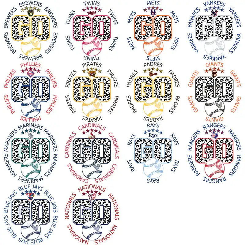Baseball team designs with 'GO' text, leopard print, and team logos for DTF/DTG and embroidery