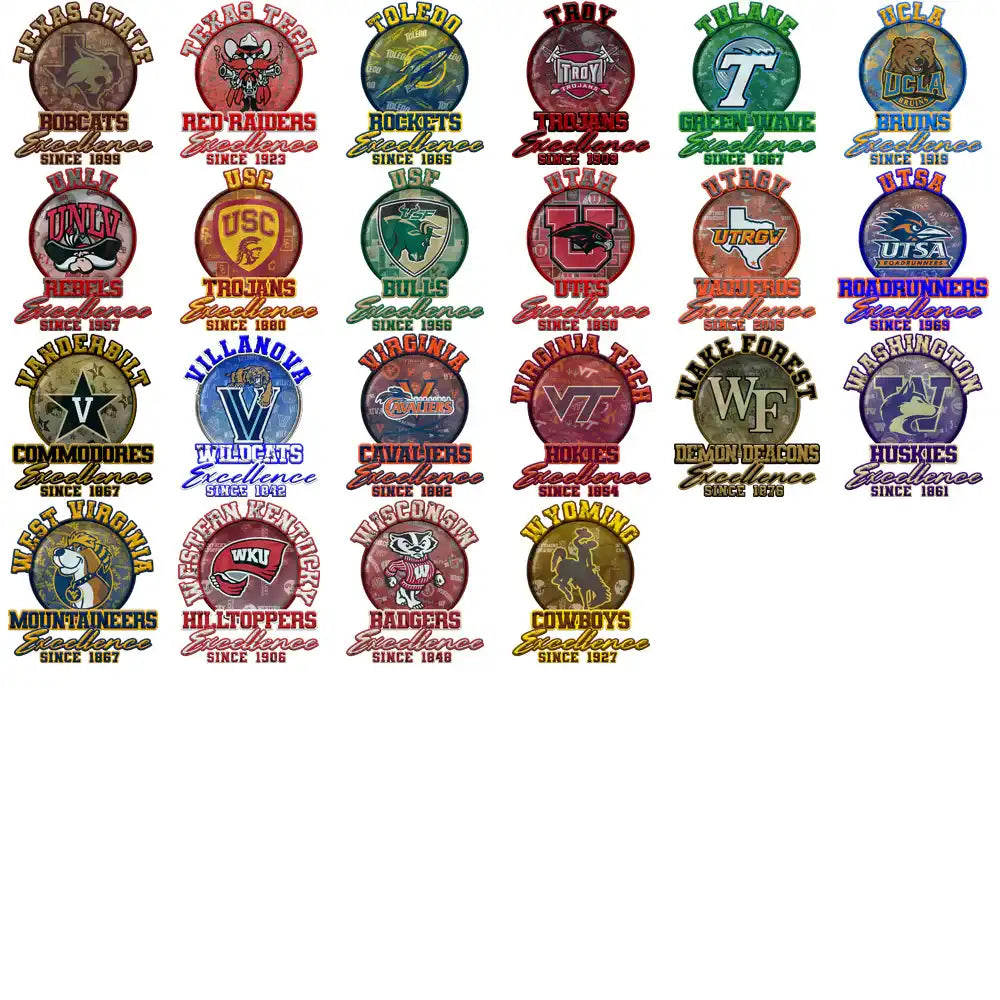 College sports team logos with vintage 'Excellence Since' designs for DTF, DTG, embroidery, and tumbler wraps