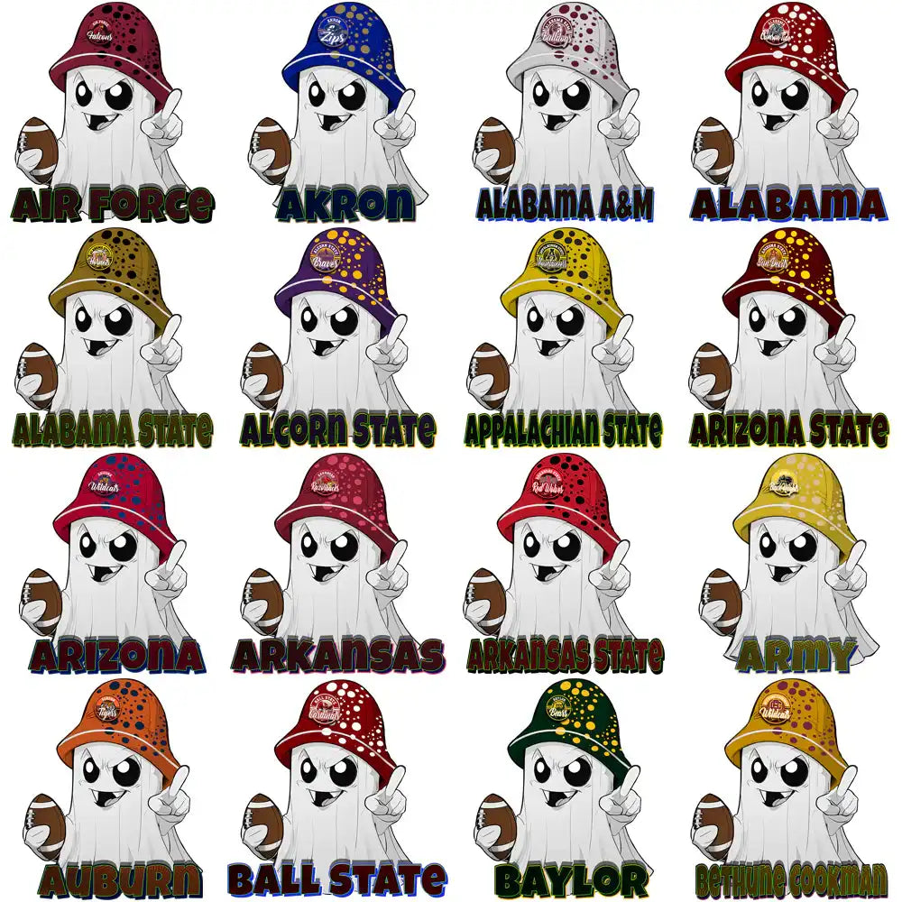 College football team ghost designs with hats and footballs for DTF/DTG printing