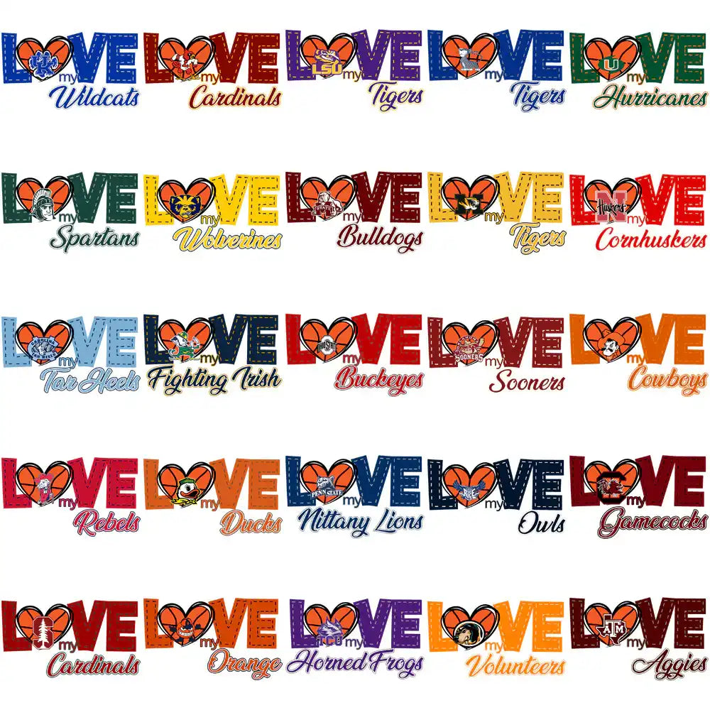 College sports team love designs with heart basketball motifs for DTF, DTG, embroidery, and tumbler wraps