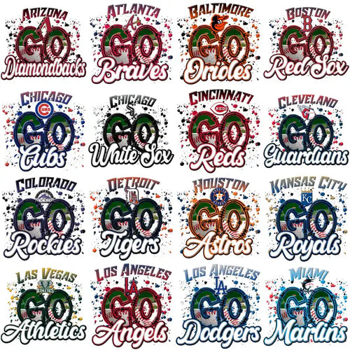 Baseball team designs for DTF/DTG, embroidery, and tumbler wraps with vibrant splatter effects