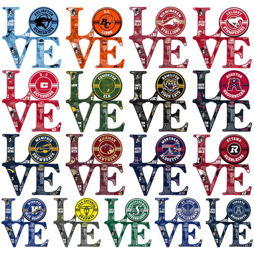 LOVE designs with Canadian football team logos for DTF/DTG and embroidery projects