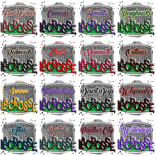 16 colorful lacrosse team designs with stadium graphics, perfect for DTF/DTG prints and embroidery projects.