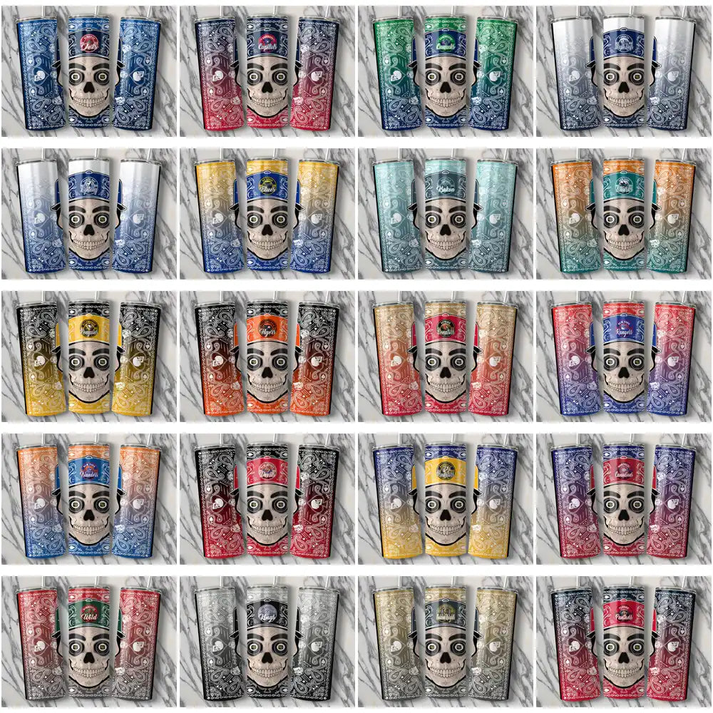 Skull-themed tumbler wrap designs in vibrant colors, print-ready for DTF/DTG, SVG & PNG formats
