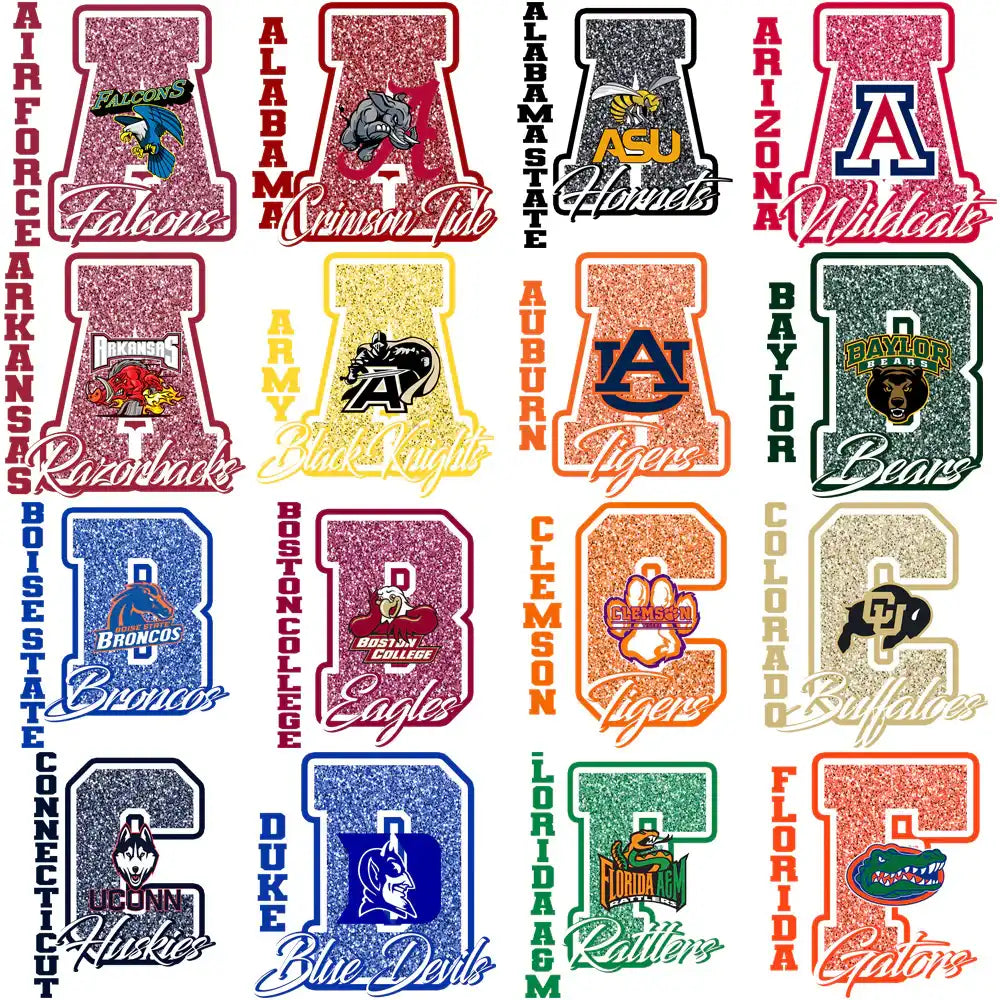 Glitter college sports team logos for DTF/DTG, embroidery & tumbler wraps — print-ready PNG, SVG, PES