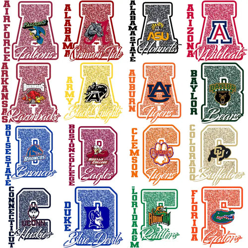 Glitter college sports team logos for DTF/DTG, embroidery & tumbler wraps — print-ready PNG, SVG, PES
