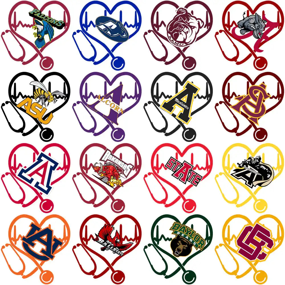 College sports team logos in heart-shaped stethoscope designs for DTF, DTG, embroidery