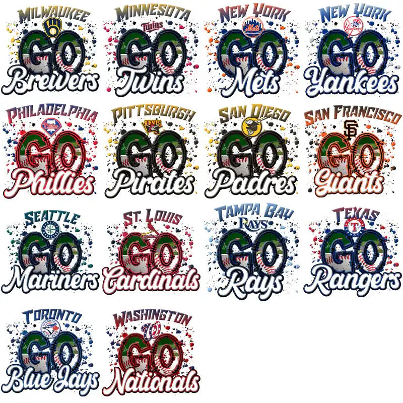 Baseball team designs for DTF/DTG and embroidery with vibrant splatter effects and team logos.