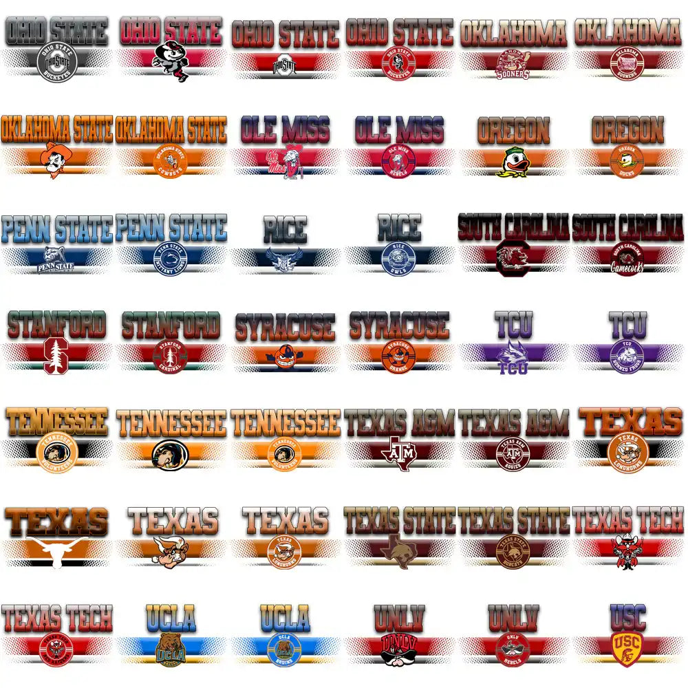 College sports team logos for DTF/DTG and embroidery designs, including Ohio State, Texas, and UCLA