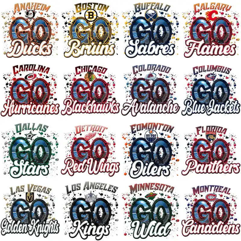 Go Team Sports Designs for DTF DTG Embroidery with NHL Team Logos and Splatter Effects