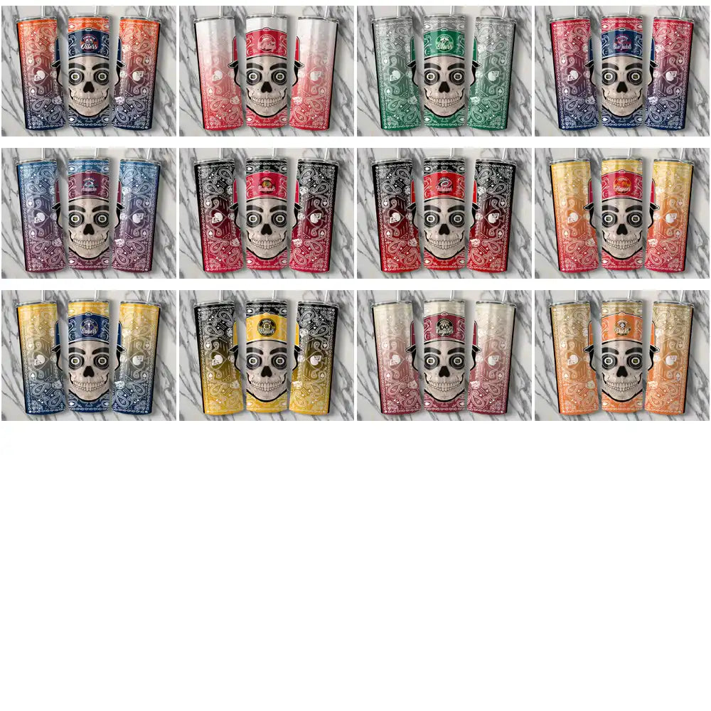 Skull-themed tumbler wrap designs in vibrant colors, perfect for DTF/DTG printing and customization.