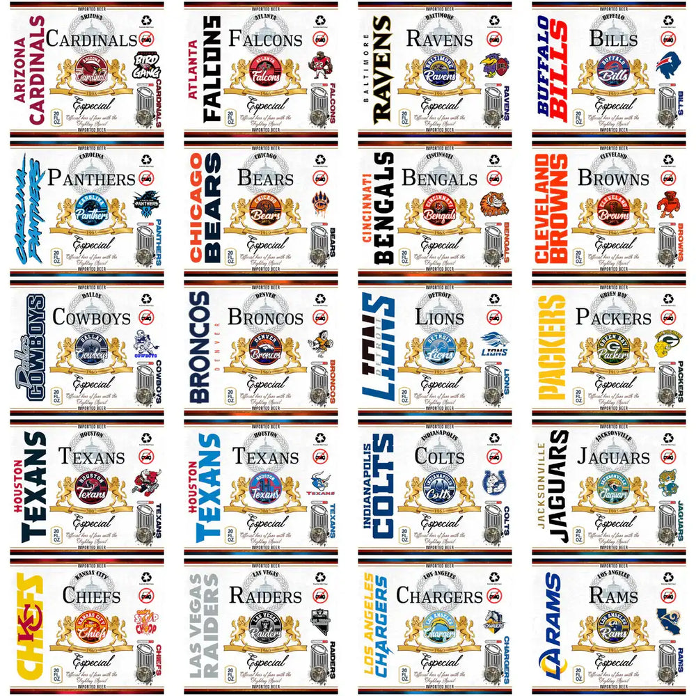 NFL team beer label designs for DTF/DTG printing, featuring Cardinals, Falcons, Ravens, Bills, Panthers, Bears, Bengals, Browns, Cowboys, Broncos, Lions, Packers, Texans, Colts, Jaguars, Chiefs, Raiders, Chargers, Rams