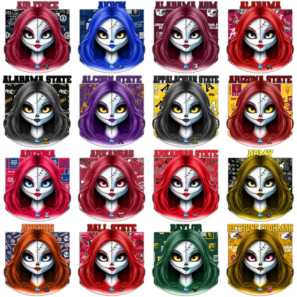College team-themed spooky girl designs for DTF, DTG, embroidery, and tumbler wraps