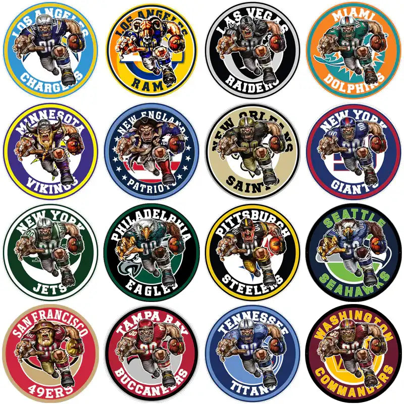NFL team mascot logos for DTF/DTG printing, featuring fierce football players in team colors and uniforms