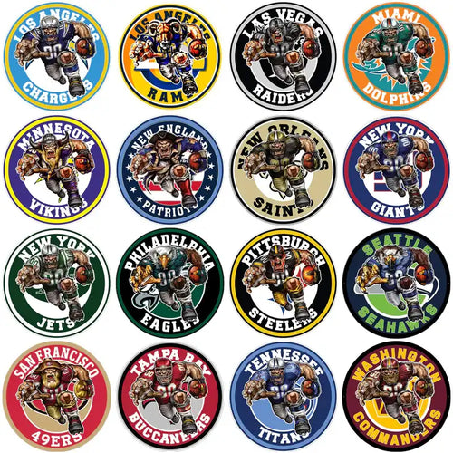 NFL team mascot logos for DTF/DTG printing, featuring fierce football players in team colors and uniforms