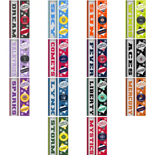 Holiday-themed sports team banners with festive ornaments and team names for DTF/DTG designs.