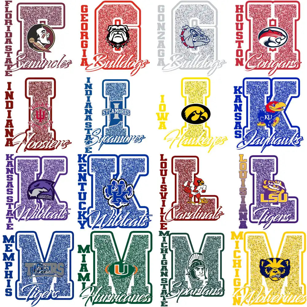 College sports team logos with glittery letter designs for DTF/DTG and embroidery projects