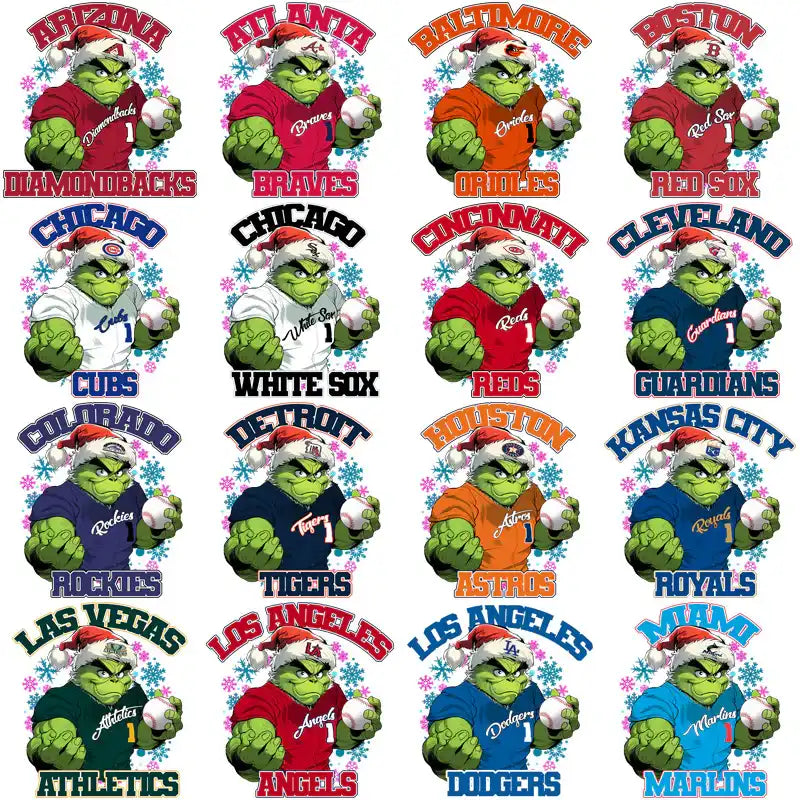 Grinch in MLB team jerseys with Santa hats, festive baseball designs for print