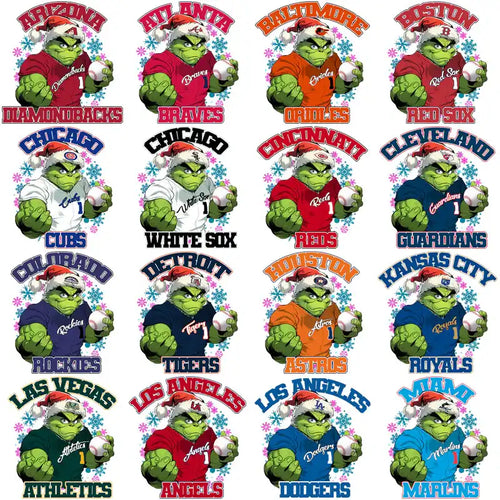 Grinch in MLB team jerseys with Santa hats, festive baseball designs for print
