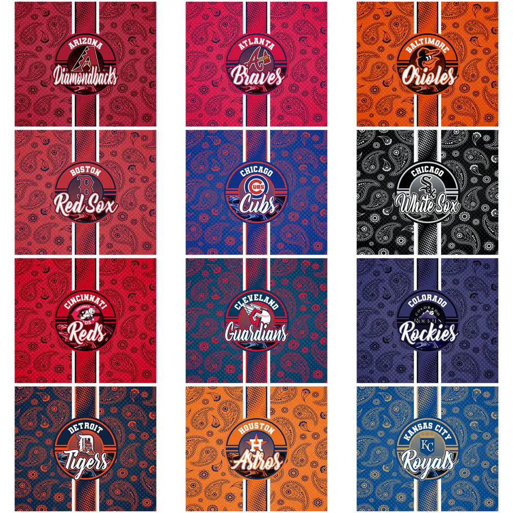 MLB team logos on paisley backgrounds, print-ready for DTF, DTG, embroidery, and tumbler wraps