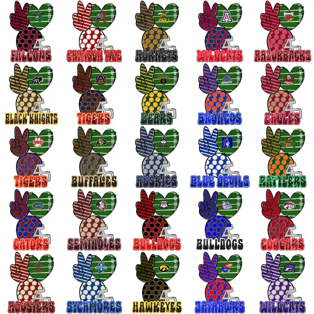 College football team designs with helmets and peace signs for DTF/DTG and embroidery