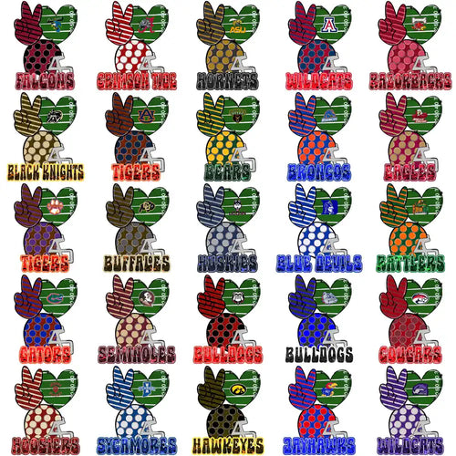College football team designs with helmets and peace signs for DTF/DTG and embroidery