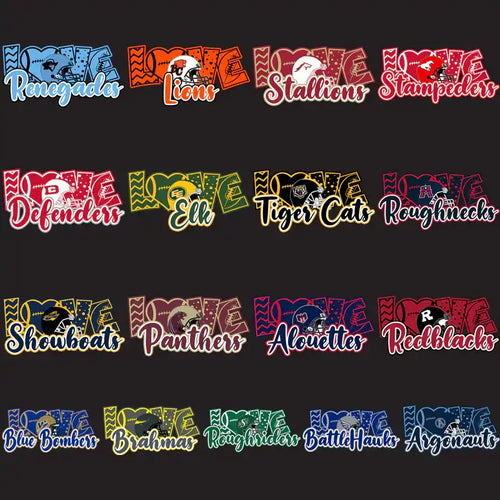 Football team logos with 'Love' designs for DTF/DTG and embroidery, print-ready PNG/SVG files