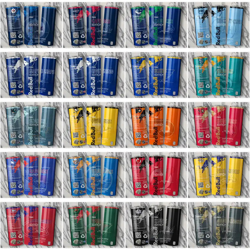 Red Bull energy drink cans featuring NHL team editions, vibrant designs, and team logos for fan merchandise.