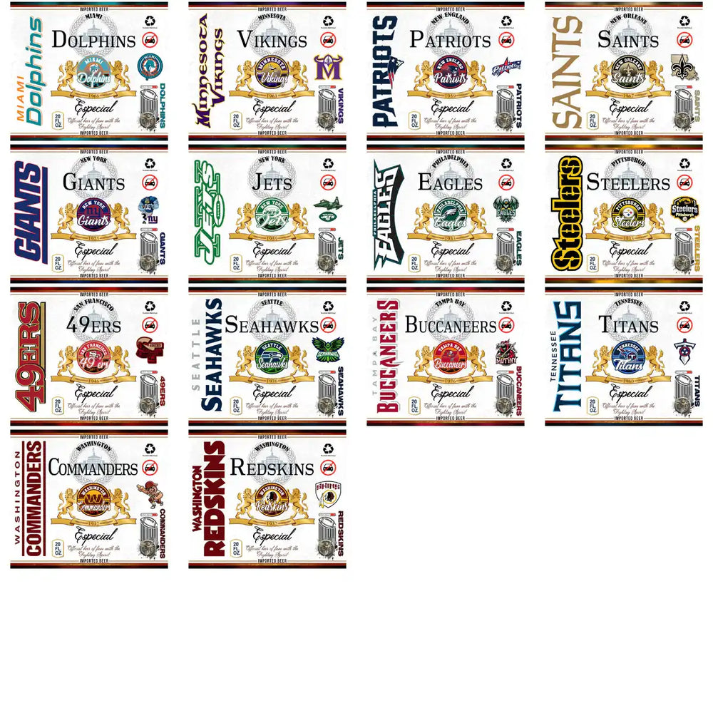 NFL team beer labels featuring Dolphins, Vikings, Patriots, Saints, Giants, Jets, Eagles, Steelers, 49ers, Seahawks, Buccaneers, Titans, Commanders, Redskins