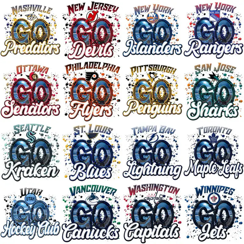 Hockey team spirit designs for DTF/DTG, embroidery, tumbler wraps with vibrant splatter effects