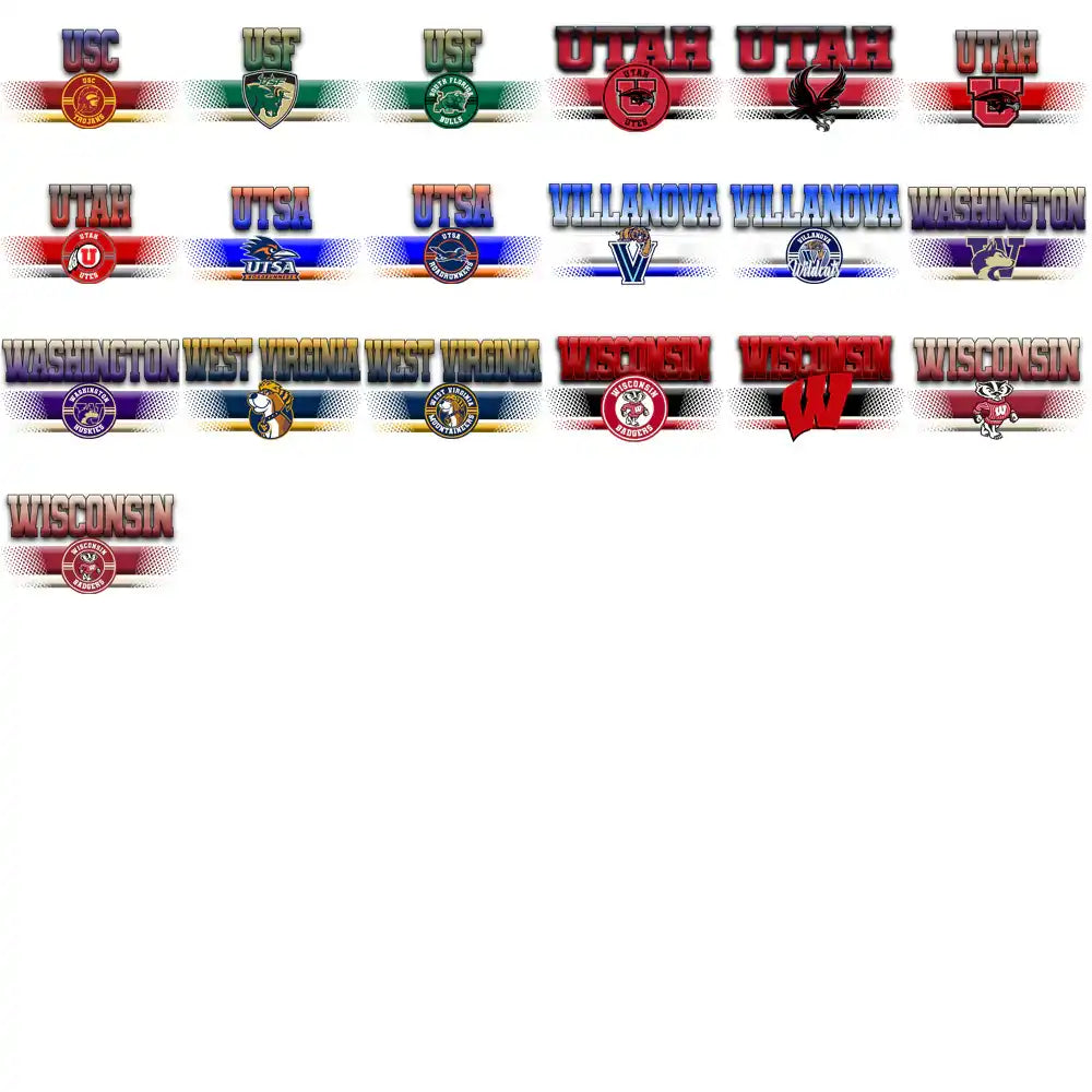 College sports team logos for USC, USF, Utah, UTSA, Villanova, Washington, West Virginia, Wisconsin - print-ready designs