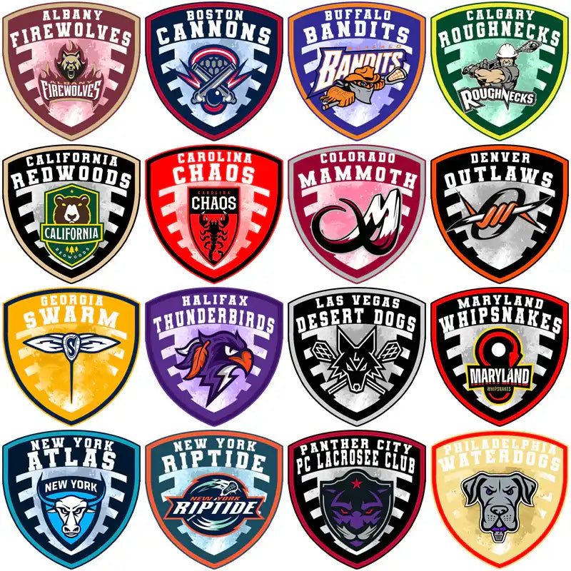 Lacrosse team logos with vibrant designs for DTF/DTG and embroidery, featuring mascots and bold colors.