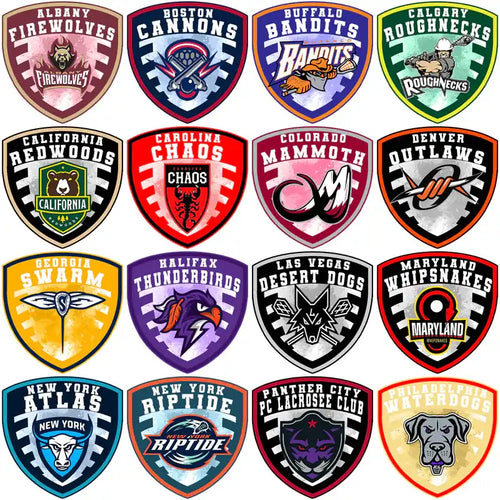 Lacrosse team logos with vibrant designs for DTF/DTG and embroidery, featuring mascots and bold colors.