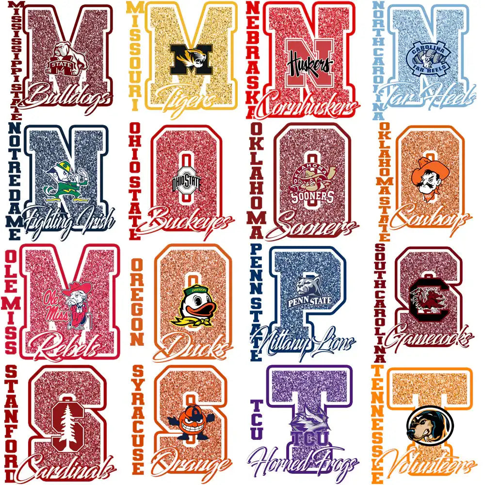 College sports team logos with glitter effects for DTF/DTG and embroidery designs