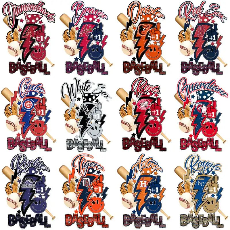 Baseball team designs with bats, balls, and #1 graphics for DTF/DTG and embroidery
