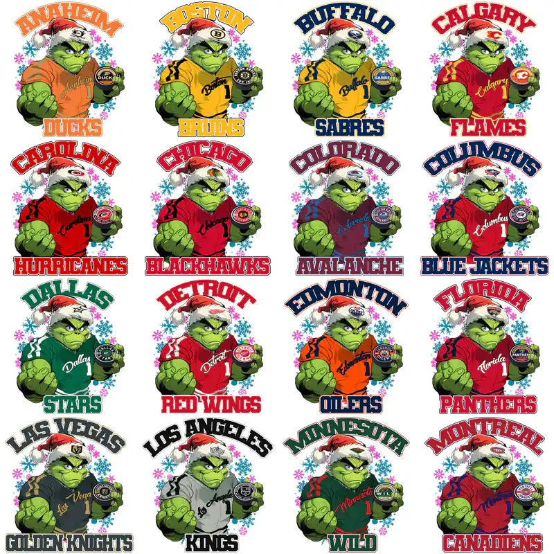 Grinch in NHL team jerseys with Santa hats, festive hockey designs for DTF/DTG prints