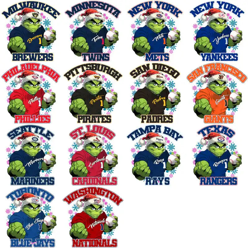 Grinch in MLB team jerseys with Santa hats, holding baseballs, festive snowflake background