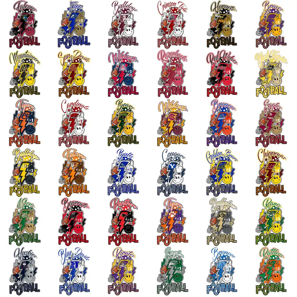 Football team logos with lightning bolts, helmets, and bold text for DTF/DTG printing designs