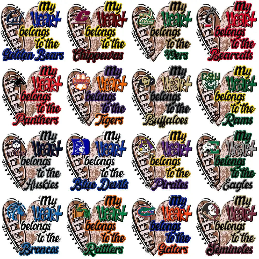 College football team heart designs for DTF/DTG & embroidery, print-ready PNG/SVG bundles