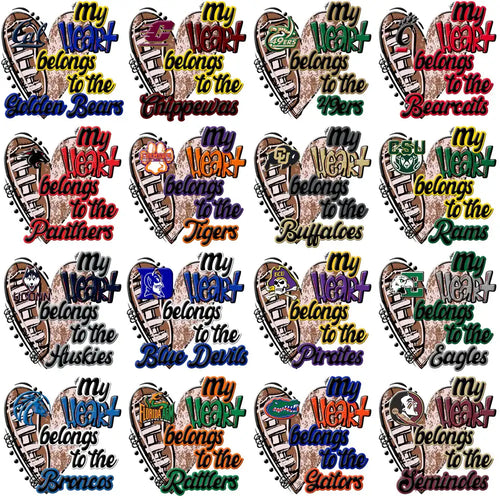 College football team heart designs for DTF/DTG & embroidery, print-ready PNG/SVG bundles