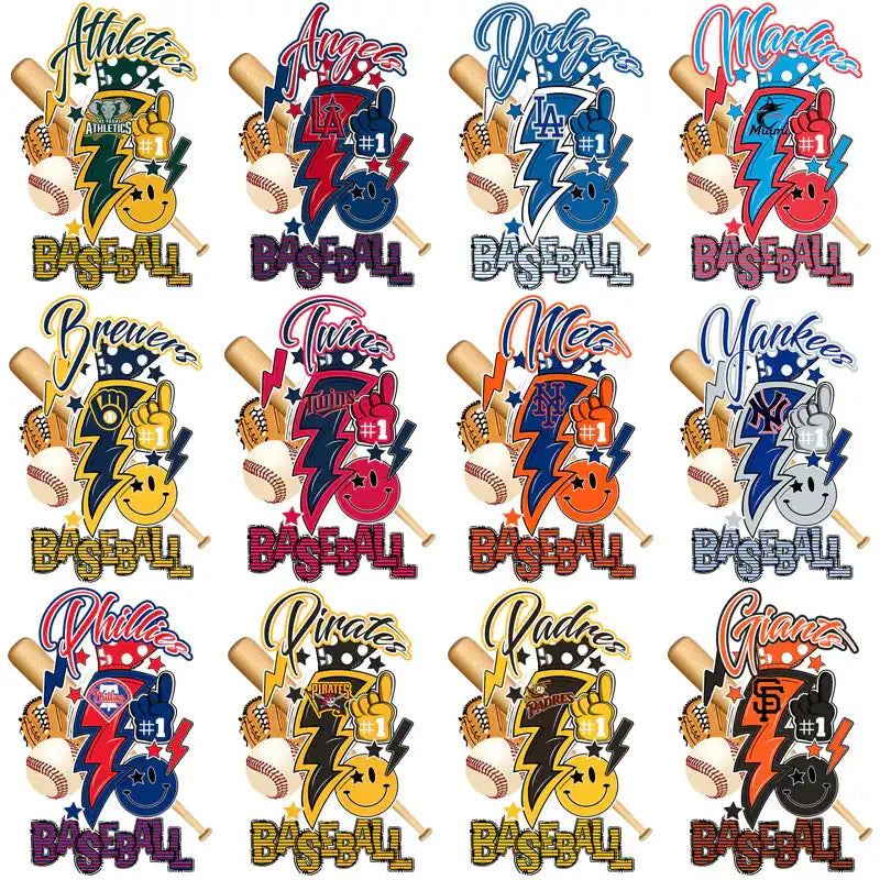 Baseball team designs with bats, balls, and team logos for DTF/DTG printing