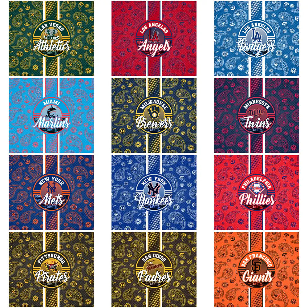 MLB team logos on paisley backgrounds, print-ready for DTF/DTG, embroidery, tumbler wraps