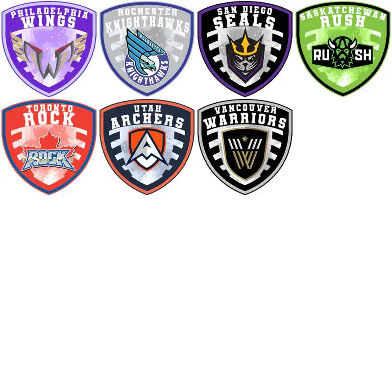 Sports team logos for DTF/DTG and embroidery designs, featuring vibrant shield emblems.